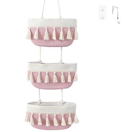 OUINGTEX Over The Door Organizer Hanging Basket,3-Tier Boho Woven Wall Decor Baskets Cotton Wall Mounted Storage Organizer Bag for Home Decor Kitchen Laundry Room Dorm（White&Pink）