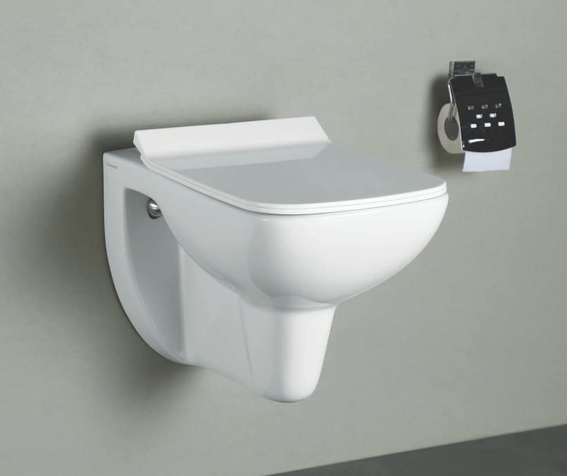 KrissKross Premium Ceramic Wall Mounted, Wall Hung, Western Toilet, Commode, Water Closet with Slow Motion Soft Close Seat Cover P Trap Outlet is from Wall