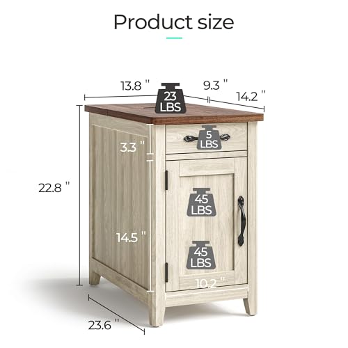 LINSY HOME End Table Set of 2 with Charging Station, Modern Farmhouse Sofa Couch Side Table, Wooden Bedside Table for Living Room Bedroom, Narrow Nightstand with Storage Cabinet for Small Space - Thumbnail 3