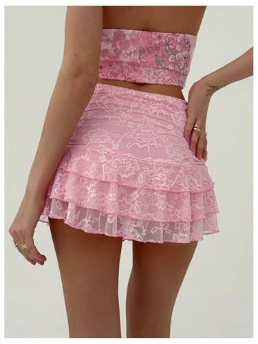 MakeMeChic Women's Floral Lace Mini Skirt Ruched Tiered Ruffle Y2k Skirts3