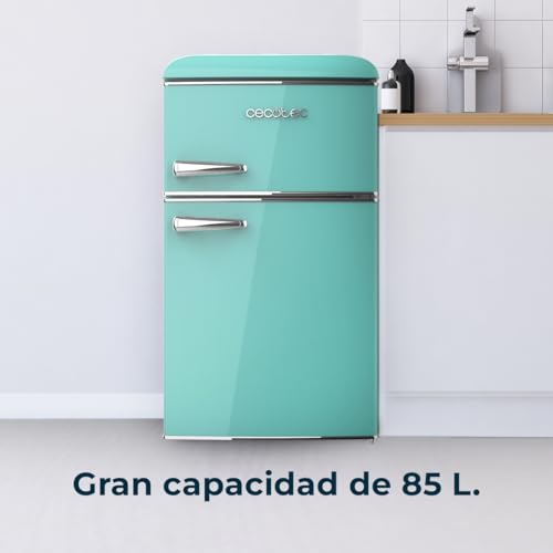 Cecotec Mini Retro koelkast Bolero CoolMarket 2D Origin 85 groen. Capaciteit van 85L, LED-binnenverlichting, verchroomde handgreep, glazen planken, temperatuurregeling en groentelade - Afbeelding 5