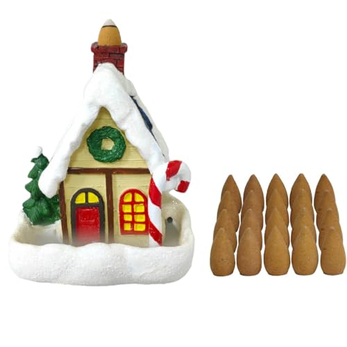 Hosley Christmas Snow Cabin Backflow Incense Burner - Resin House Decor with 20 Apple Cinnamon Cones Holiday Home Fragrance & Aromatherapy