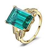 JewelryPalace Emerald Cut 6ct Simulated Emerald Solitaire Cocktail Rings for Women, Green Gemstone 925 Sterling Silver 14k Yellow Gold Plated Ring, Gemstone Ring for Women Jewelry Set 9