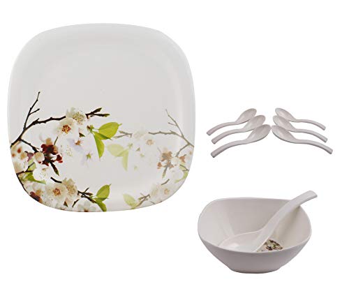 Image of Golden Fish Unbreakable Square Full Dinner Plates & Soup Bowl with Spoon(Set of 6 Each) (Pack of 6 Plate, Soup Bowl, Spoon)