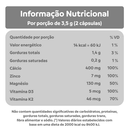 Cálcio + Magnésio + Zinco + Vitamina D3 + Vitamina K2-60 Cápsulas