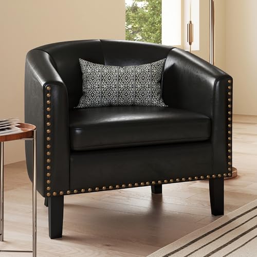 Image of BELLEZE Accent Barrel Chair, Modern Faux Leather Tub Club Chair Upholstered Armchair with Gold Nail Head Trim and Black Legs for Living Room Bedroom Apartment Lounge - Black
