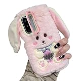 CrazyLemon 用の Samsung Galaxy A55 5G ケース かわいい おしゃれ ふわふわ もこもこ 毛玉 サムスン A55 5G 用 ケース スタンド機能 スマホケース 薄型 軽量 耐衝撃 落下防止 冬日 暖かい 保護カバー レディース 女性 子供 人気 可愛い アニメ うさぎ デザイン 兎耳のストラップ付き (ピンク)