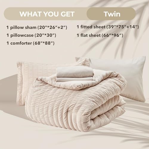 Image of HYMOKEGE Beige Twin Comforter Set Seersucker 5 Pieces, All Season Luxury Bed in a Bag for Bedroom, Bedding Set with Comforters, Sheets, Pillowcase & Sham