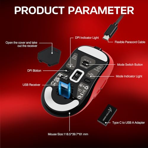Image of ATTACK SHARK X3PRO 4K /8K Lightweight Wireless Gaming Mouse with Tri-Mode(Wired /2.4GHz /BT),PAW3395 Optical Sensor,26K DPI,Kailh GM8.0 Switch,Long Battery,7 Buttons for PC /Laptop /Win /Mac(Red)