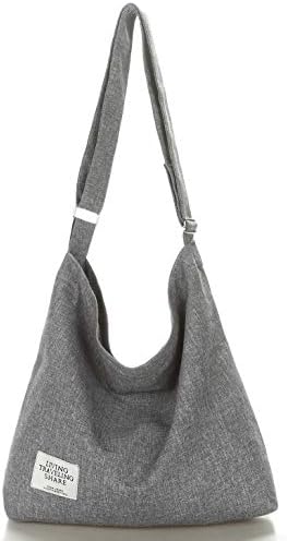Covelin Women's Retro Large Size Canvas Shoulder Bag Hobo Crossbody Handbag Casual Tote Light Grey