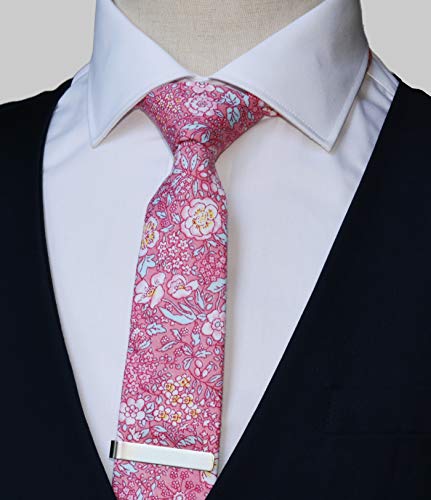 Image of Men's Skinny Tie Floral Cotton Necktie and Tie Bar Clip Sets, Great for Weddings,Groom,Groomsmen