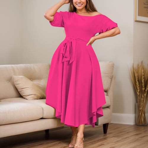 Image of Plus Size Women Wedding Guest Dress Off Shoulder Boat Neck Irregularly Flowy Midi Church Dress