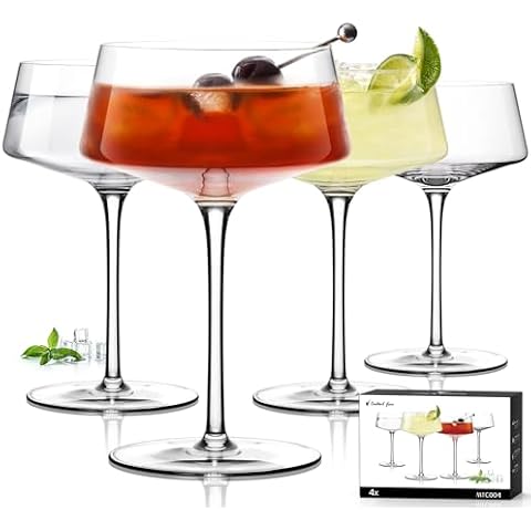 Coupe Glasses Set of 4, Martini Glasses Hand-Blown Premium Crystal Cocktail Glass for Manhattan, Margarita, Espresso Martini, Home Bar, Dinner Party, Birthdays, Housewarming Gift, 8oz Clear Cover