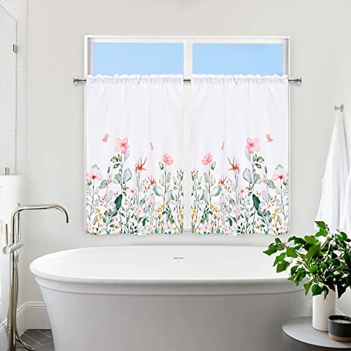 Floral Kitchen Curtains, Flowers Cafe Window Curtains, Rustic Country Short Small Tier Drapes, Spring Wild Plants Rod Pocket Treatment For Bathroom Bedroom Living Room Decor, 2 Panels, 26"W X 36"L #TOP2