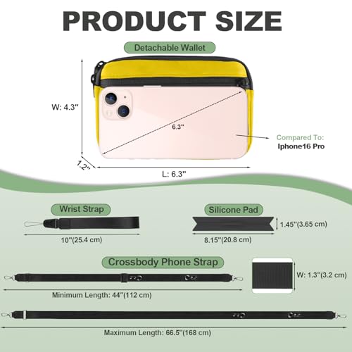 Image of YFWE Clip and Go Strap for Phone with Wallet Crossbody, Adjustable Phone Lanyard with Detachable RFID Wristlet Wallet & Ultra-Thin 360 Rotatable Metal Tabs for All Smartphones (Yellow)