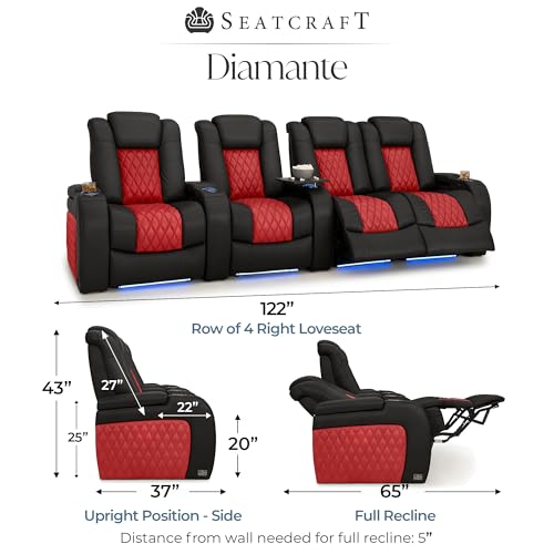 Image of Seatcraft Diamante Black /Red Italian Leather Home Theater Seating, Zero Gravity Power Recliner, Gaming and Home Office Chair, Powered Headrest Furniture for Cinema Room, Row of 4 Right Loveseats