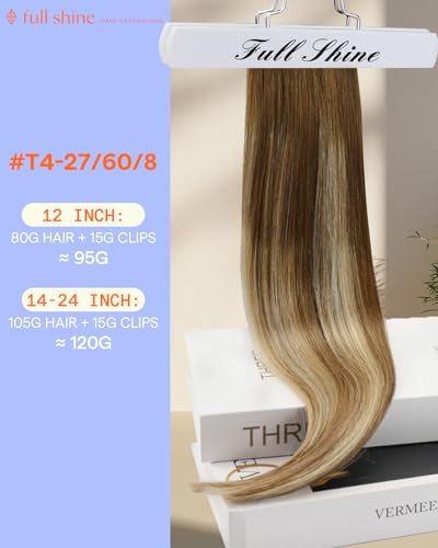 Image of Full Shine 24 Inch Real Hair Extensions Clip in Human Hair for Long Hair | Brown Roots Honey Blonde, Remy Clip in Hair Extensions, Double Weft, Invisible Straight, 7 Pcs 120g