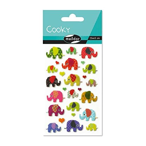 Maildor - Ref 560372C - Cooky Stickers (Single Sheet) - 7.5 x 12cm - Elephants Designs - Approximately 26 Stickers, 3D Stickers, Suitable for Children Aged 3+ Cover