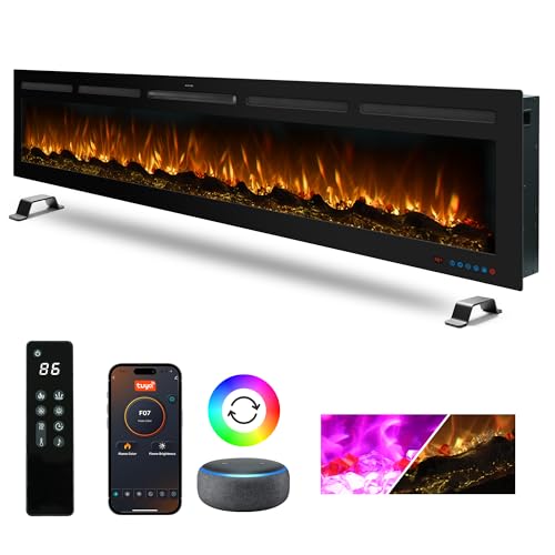 88' Infrared Smart Electric Fireplace Alexa/Google Compatible, Remote& App Control Multicolor Flame w/Dimmer, Wall-Mounted& Recessed WiFi Enabled Fireplace Heater w/Crackling Sound& Thermostat, 1500W