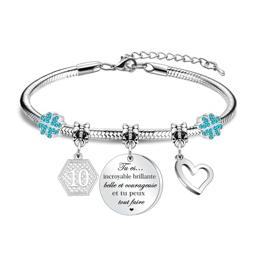 HEYEJET 10 Ans Fille Cadeaux d'Anniversaire pour Filles Argent Inspiré Bracelet pour 10ème, Cadeaux d'Anniversaire pour 10e Fille Nièce Sœur Amie Adolescente Filles Filleule Enfants (10)