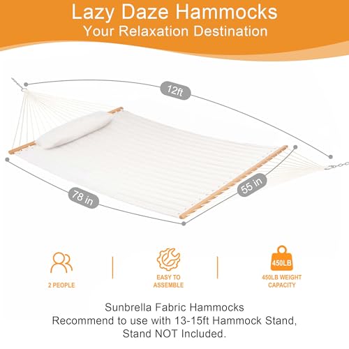 Image of Lazy Daze Hammocks 12 FT Sunbrella Fabric Quilted Hammock Double Sunbrella Quilted Hammock with Spreader Bars & Pillow, All Weather and Fade Resistant for Outdoor, 450 lbs Capacity, Cast Pumice