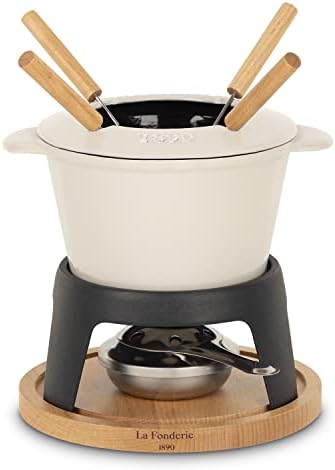 Set per fonduta in ghisa per 4 Persone Mont Joly, per fondute di Formaggio e Cioccolato, Coperchio antischizzi, 4 forchette con Manici in Legno di faggio, capacità 1,2 L, Beige