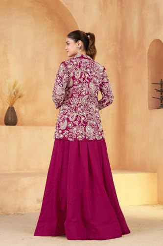 Image of Miss Ethnik Women's Maroon Vichitra Silk A-Line Gown with Heavy Embroidered Jacket - Mandarin Neck Full Sleeve Solid Maxi Dress, Festive Ethnic Wear