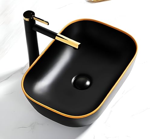 Image of OSOSAM Elegant Matte Finish Black & Gold Ceramic Bathroom Sink - Table Top Basin - 18x13x5.5 Inch