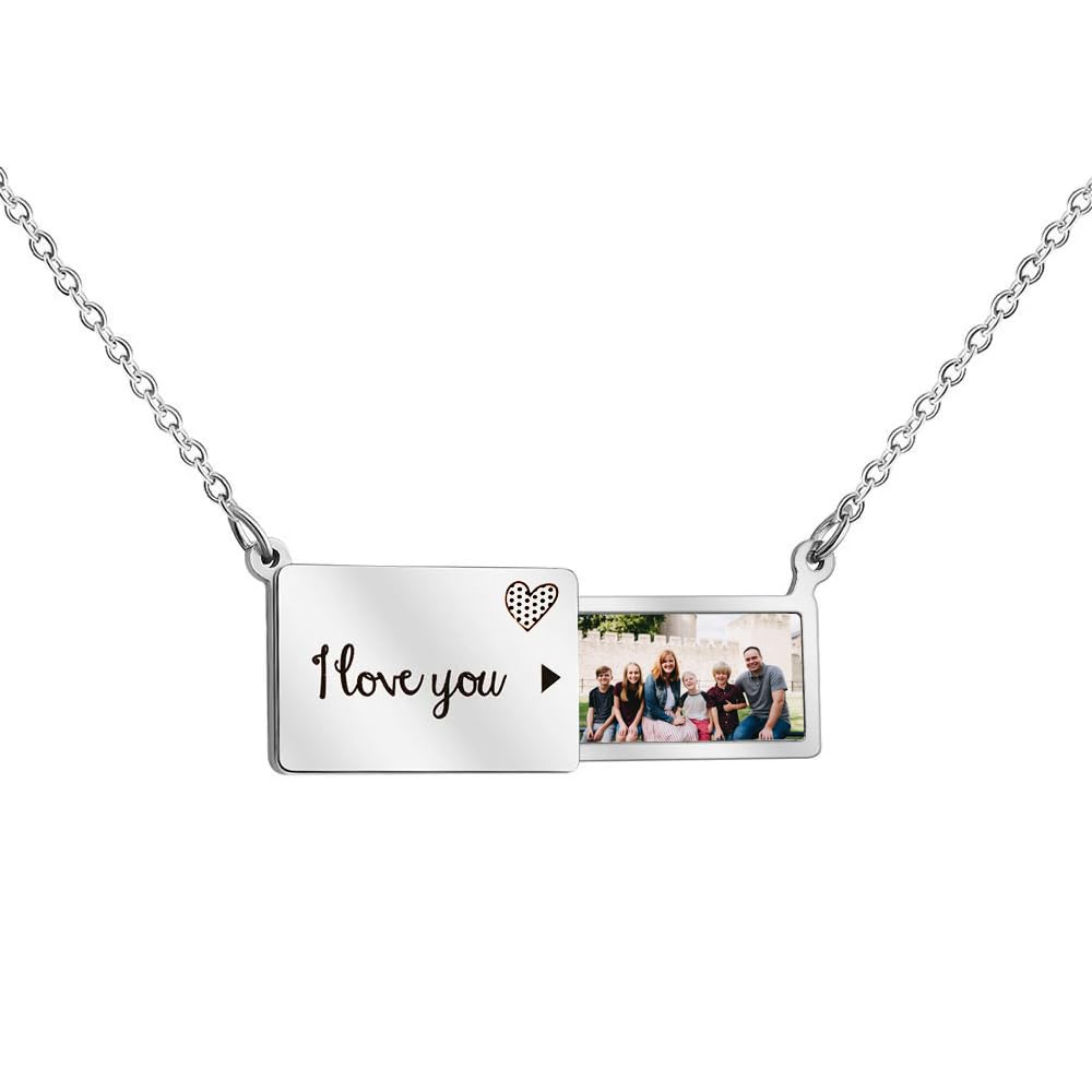 Personalised Envelope Custom Photo Pendant Necklace with 'I Love You' Engraving, Stainless Steel Chain, Photo Locket Necklace, Gifts for Women.