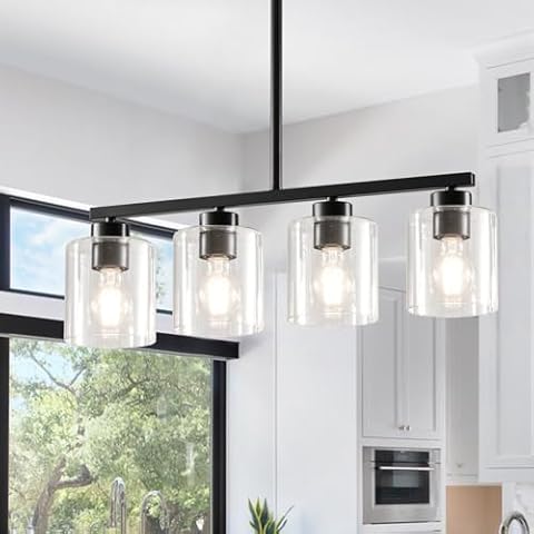 ROCUNSI 4-Light Kitchen Island Lighting, Black Pendant Light Fixture, Farmhouse Dining Room Light Fixtures Over Table, Modern Hanging Light Fixtures with Clear Glass, E26 Base, Bulbs Not Included Cover