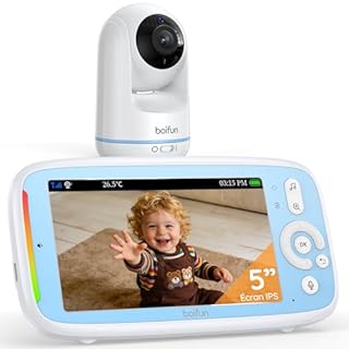 BOIFUN Babyphone Camera sans WiFi ni Ondes 5" 720P IPS (Modèle Amélioré), Vision Nocturne Infrarouge Invisible, Camera Bebe 360°, Batterie Longue Durée 24h, Portée Longue Distance, Audio Clair