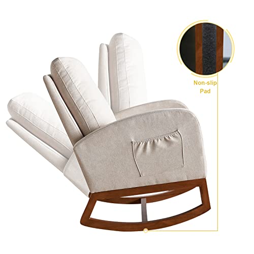 Calabash Rocking Chair Nursery,Modern Comfy Armchair With Side Pocket,Mid-Century Upholstered Glider Rocker Chairs For Baby/Kids Room And Living Room (New Beige) #TOP4