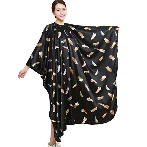 KAHOT Salon Client Gown Robes Cape, Feather Pattern Hair Salon Hair Cutting Hair Color Gown Barber Grooming Smock Kimono Style (Cape-Black)