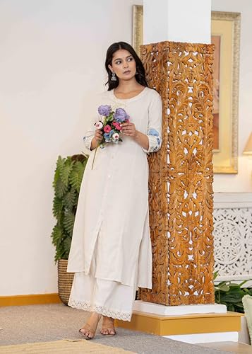 Image of Pistaa's Women Cotton Elegant Off-White Floral Embroidered Sleeves Kurta Palazzo Set