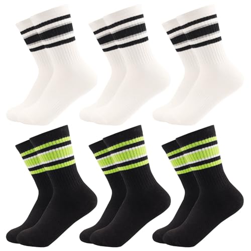 JoJoManly 6 pares de calcetines de rayas de color sólido retro para mujeres y niñas, Blanco Negro, 6-10
