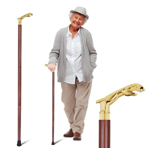 Bastón De Madera con de Vintage Antiguo Cabeza de Tigre De Latón Oro Finalisar Hecho A Mano Ligero Decorativo Regalo Ideal para Hombres Mujeres Y Mayores Adultos 35 Pulgadas