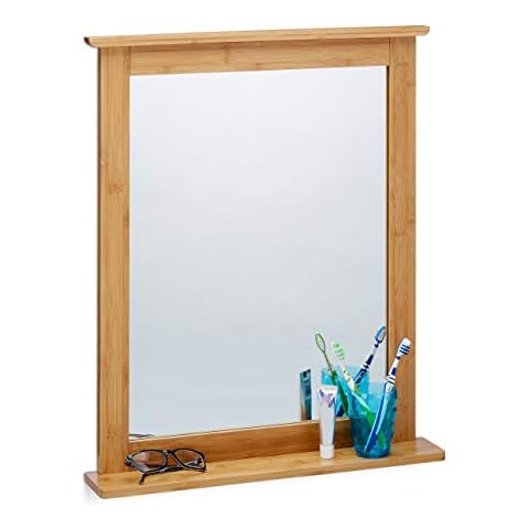 Relaxdays Bamboo Wall-Mounted Mirror, Bathroom Mirror with Shelf, Hanging Vanity Mirror, for The Living Room and Bathroom, Natural Brown Cover