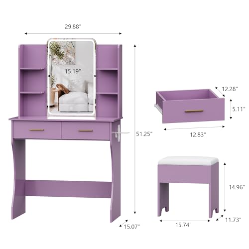 Image of Small Vanity Desk with Mirror and Lights, Makeup Vanity with LED Lights, Purple Vanity Mirror with Lighted Desk and Chair, 3 Lighting Adjustable Compact Dressing Table with Mirror for Women, Girls