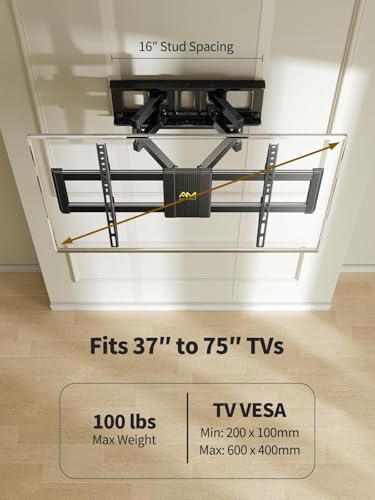 Image of AM alphamount Full Motion TV Wall Mount for Most 37-75 Inch TVs up to 100 lbs, Swivel TV Mount with Dual Articulating Arms, Wall Mount TV Bracket Max VESA 600x400mm, Fits 16″ Wood Studs, APLF6