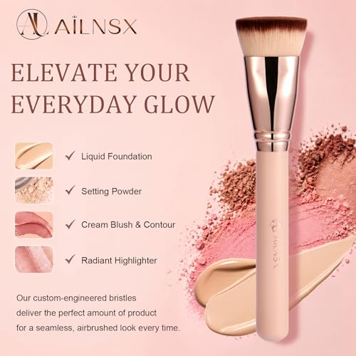 Image of Flat Top Foundation Brush for Liquid, Cream and Powder Foundation, Dense Makeup Brush for Buffing, Stippling, Concealer and Contour, Pink Handle Rose Gold Ferrule