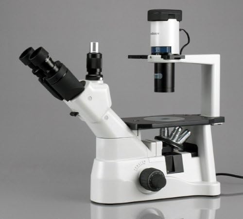 AmScope IN400T-5M Digital Long Working-Distance Inverted Trinocular Microscope, 40x-600x, WH10x Super-Widefield Eyepieces, Brightfield and Phase-Contrast Objectives, 30W Halogen Illumination, 0.3 NA Abbe Condenser, Plain Stage, 90 to 240V, Includes 5MP Camera with Reduction Lens and Software