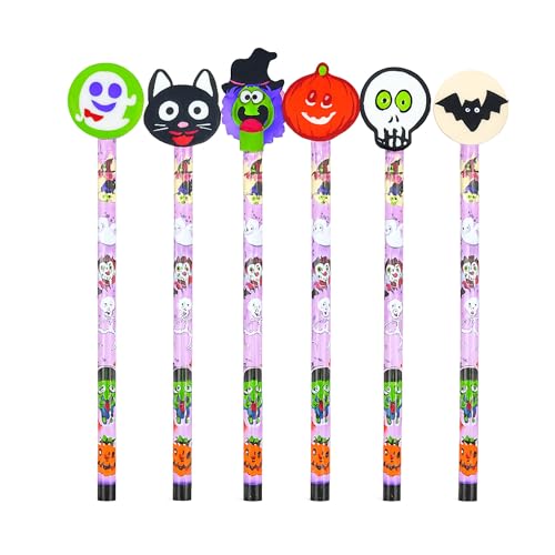 Lizzy 6 x Halloween Pencils with Erasers – 6 Pack Spooky Stationery Set – Assorted Skull, Pumpkin, Witch, Bat, Cat & Ghost Toppers – Trick or Treat Party Favour Bag Fillers for Kids (Pack of 06)
