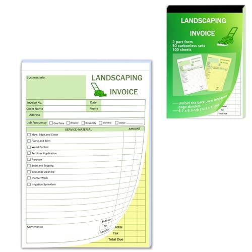 Garden Service Invoice Receipt Book, 2-Part Carbonless Landscaping Invoice Book for Small Business, 5.7 x 8.3 in, 50 Sets (White & Yellow), Lawn Care & Gardening Work Order Forms