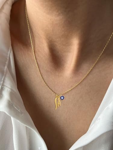 Dainty Blue Evil Eye Charm Horn Pendant Necklace for Women's Spiritual Protection Jewelry 14K Gold Plated2
