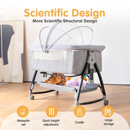 Suave Bedside Crib, 3 in 1 Bassinet with Quick Height Adjustment and Mosquito Nets, Baby Cradle, Portable Beside Bassinet with Golden Triangle Structure, CPSC Certification