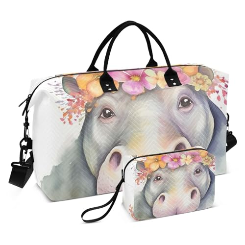 Large Travel Duffel Bag, Yellow Floral Hippo Sport Tote Gym Bag, Shoulder Weekender Overnight Bag for Women Men, Carry On Luggage with Toiletry Bag