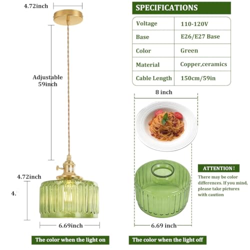 Image of Shenmoyl Pendant Light 2 Pack with Green Striped Glass Lmapshade, Brass Vintage Pendant Light Adjustable Hanging Light for Kitchen Island Dining Room Hallway