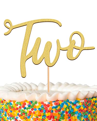 MYAMPED Two Cake Topper - Glitter Golden 2nd Birthday Cake Decorating Supplies, Perfect for Two Years Old Party or 2nd Anniversary