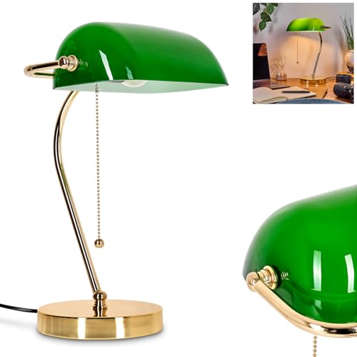 HOFSTEIN Tischleuchte Tremoceira, Tischlampe aus Metall/Glas in Messing/Grün/Weiß, traditionelle Bankerlampe, Schreibtischlampe für Büros im Retro/Vintage-Design mit Zugnschnur, Höhe 38 cm, 1 x E27