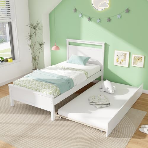 Giantex Trundle Bed Twin, Wood Day Bed Frame with Headboard